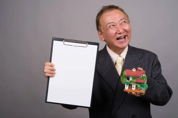 Portrét zralé asijské podnikatel šedém pozadí — Stock fotografie