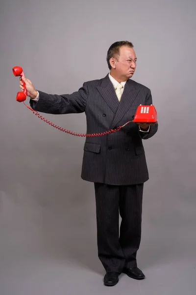 Érett ázsiai üzletember, szürke háttérrel portréja — Stock Fotó