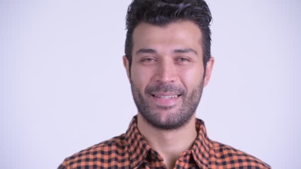 Πρόσωπο του ευτυχισμένο μούσι περσική χίππη άνθρωπος χαμογελά — Αρχείο Βίντεο