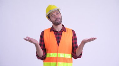 Şaşkın sakallı Pers adam inşaat işçisi omuz silkme