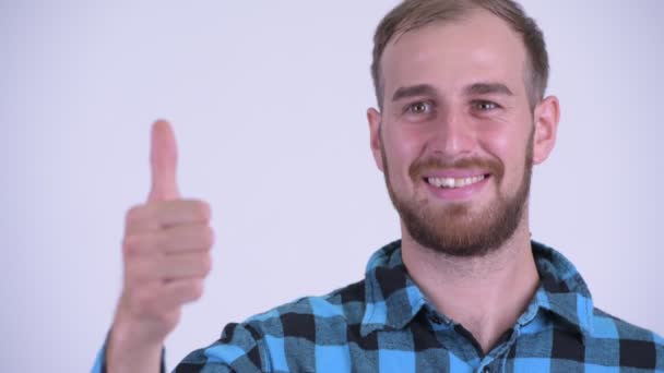 Mutlu sakallı hipster adam başparmak veren yüzü — Stok video