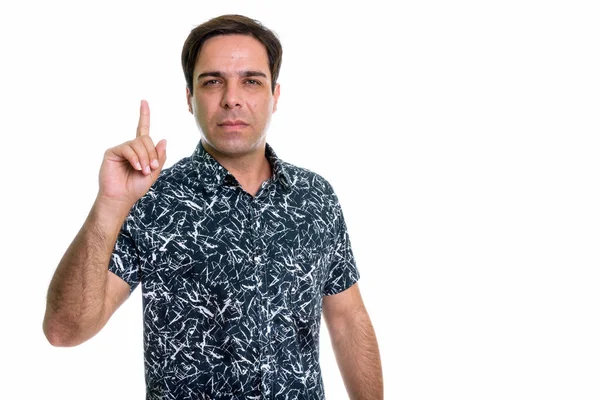 Studio Shot Young Persian Man Pointing Finger Isolated White Background — ストック写真
