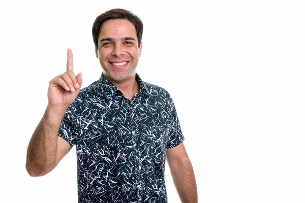 Studio Shot Young Happy Persian Man Smiling While Pointing Finger — Fotografia de Stock