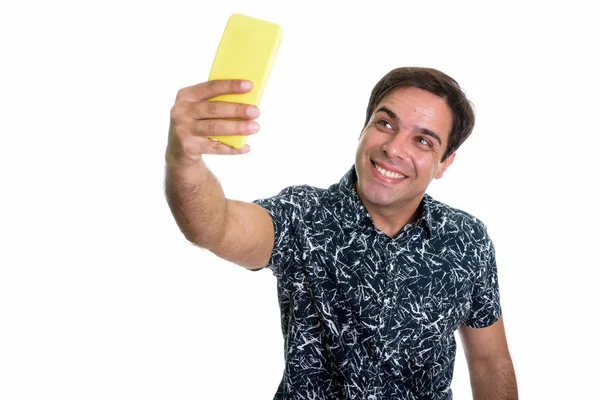 Studio Shot Young Happy Persian Man Smiling While Taking Selfie — Stock fotografie