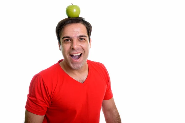 Studio Shot Young Happy Persian Man Smiling Green Apple Top — Foto Stock