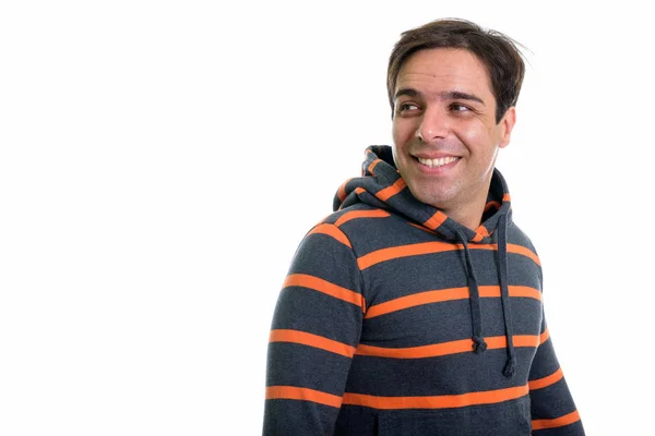 Estúdio Tiro Jovem Feliz Persa Homem Sorrindo Pensando Olhar Para — Fotografia de Stock