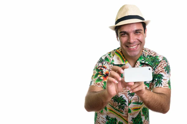 Studio Shot Young Happy Persian Tourist Man Smiling While Taking — Stock Photo, Image