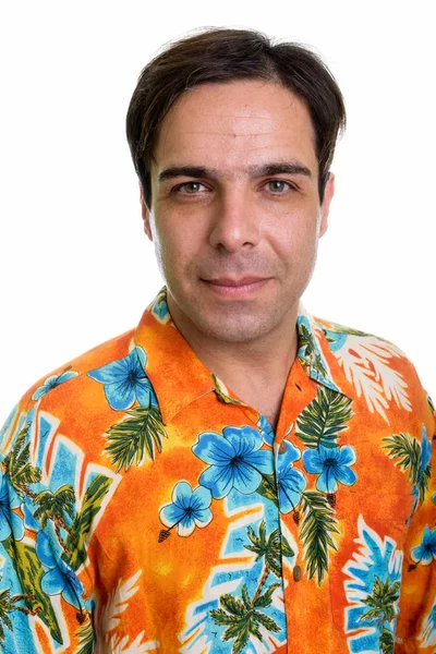 Лицо Молодого Персидского Туриста Гавайской Рубашке Белом Фоне — стоковое фото