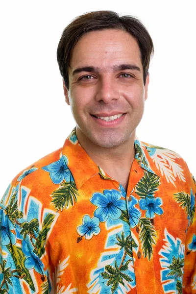 Tvář Mladé Šťastný Perský Turista Muž Usmívá Při Nošení Havajské — Stock fotografie
