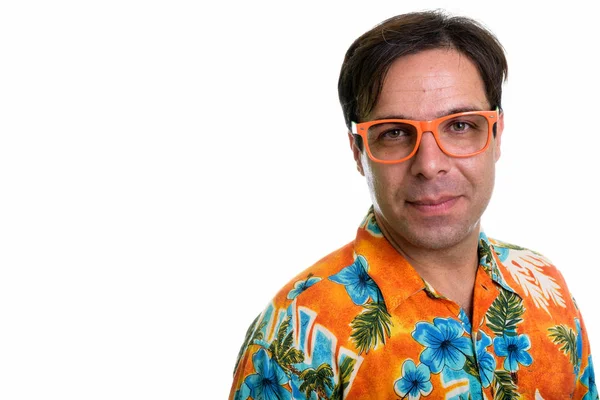 Studio Shot Young Persian Tourist Man Orange Eyeglasses Isolated White — Stockfoto
