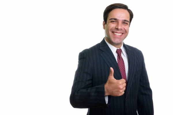 Studio Shot Young Happy Persian Businessman Smiling While Giving Thumb — Stock Photo, Image
