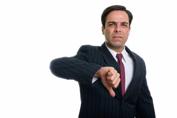 Studio Shot Young Persian Businessman Giving Thumb Isolated White Background — Stock Photo, Image