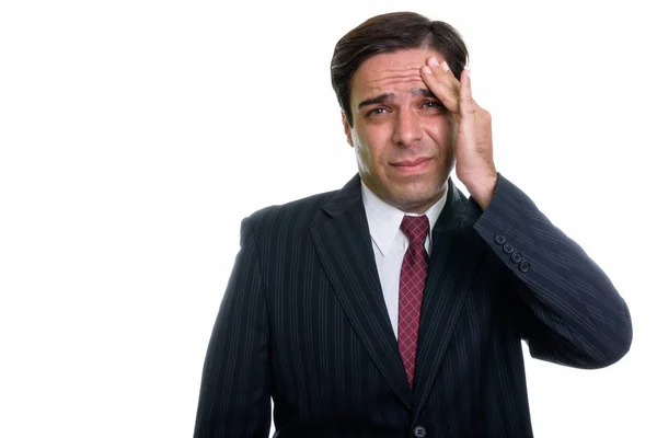 Studio Shot Young Stressed Persian Businessman Having Headache Isolated White Stock Photo