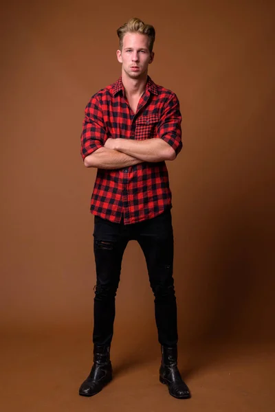 Studio Shot Young Handsome Man Wearing Red Checkered Shirt Brown — Stockfoto