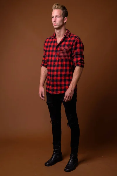 Studio Shot Young Handsome Man Wearing Red Checkered Shirt Brown — Foto Stock