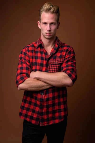 Studio Shot Young Handsome Man Wearing Red Checkered Shirt Brown — 图库照片