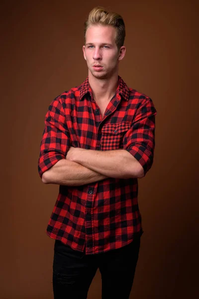 Studio Shot Young Handsome Man Wearing Red Checkered Shirt Brown — Fotografia de Stock