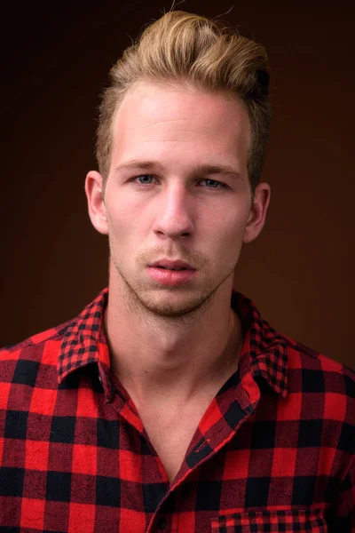 Studio Shot Young Handsome Man Wearing Red Checkered Shirt Brown — Stockfoto
