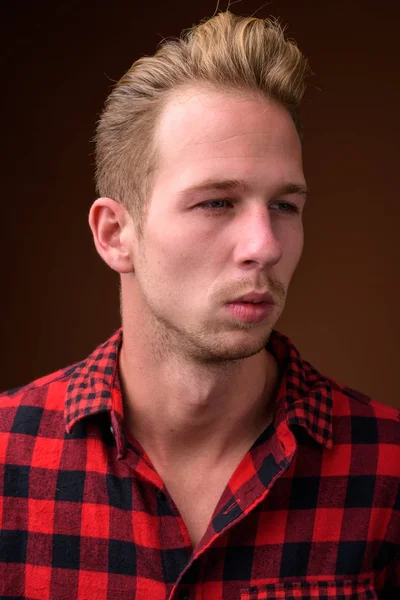 Studio Shot Young Handsome Man Wearing Red Checkered Shirt Brown — Stok fotoğraf