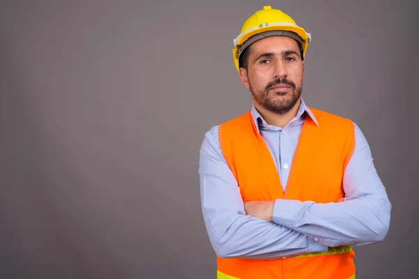 Estudio Disparo Guapo Barbudo Hombre Persa Trabajador Construcción Sobre Fondo — Foto de Stock