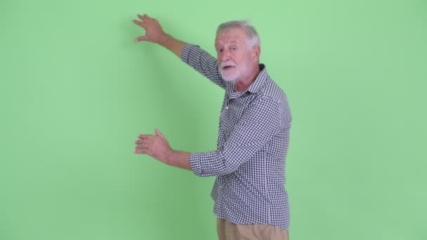 Boldog Senior szakállas férfi bemutató valamit a hátsó — Stock videók
