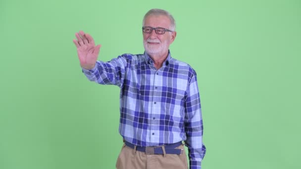 Gelukkig Senior bebaarde hipster man zwaaiende hand — Stockvideo