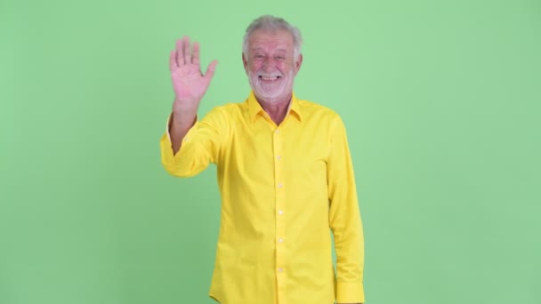 Feliz hombre de negocios barbudo mayor saludando de la mano — Vídeos de Stock