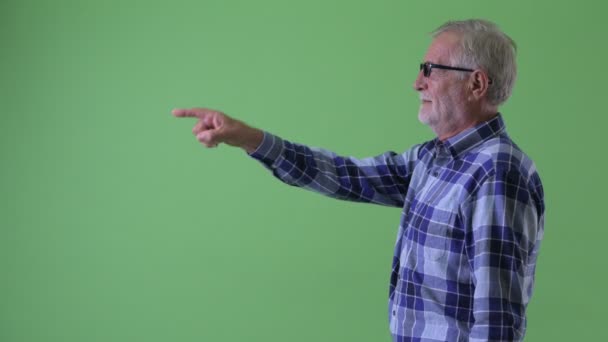 Perfil vista de feliz seniores barbudo hipster homem apontando dedo — Vídeo de Stock