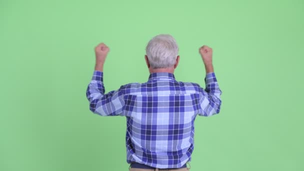 Vista posteriore di felice anziano barbuto hipster uomo con pugni alzati — Video Stock
