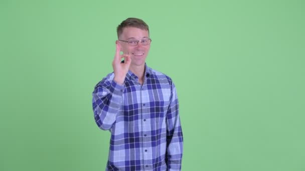 Portrait of happy hipster man with ok sign — Stock Video