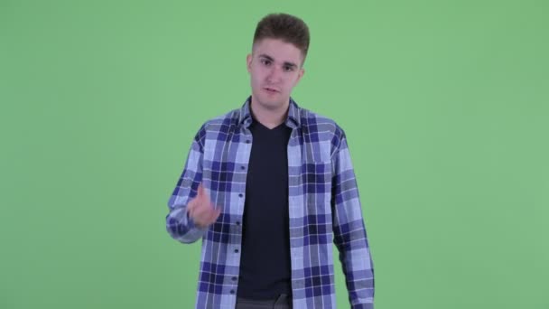 Gestresster junger Hipster mit Handflächen-Geste — Stockvideo