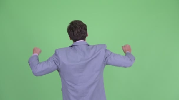 Вид ззаду щасливого молодого бізнесмена з піднятими кулаками — стокове відео
