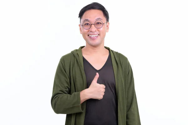 Šťastný Japonec s brýlemi na palec — Stock fotografie