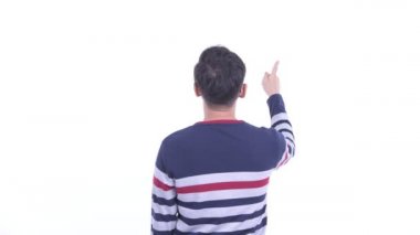 Japon hipster adam işaret parmak Arka görünümü
