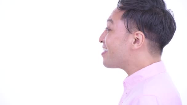 Closeup profil kilátás boldog japán üzletember beszél — Stock videók