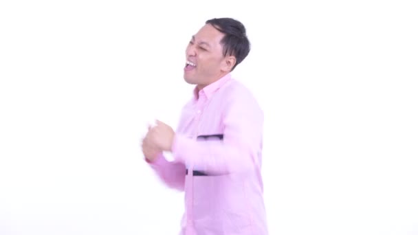 Feliz hombre de negocios japonés bailando y disfrutando — Vídeo de stock