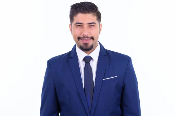 Gesicht eines glücklichen bärtigen persischen Geschäftsmannes, der lächelt — Stockfoto