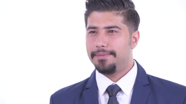 Arca boldog szakállas perzsa üzletember gondolkodás — Stock videók