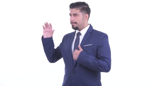 Happy bearded Persian businessman waving hand — Stock Video