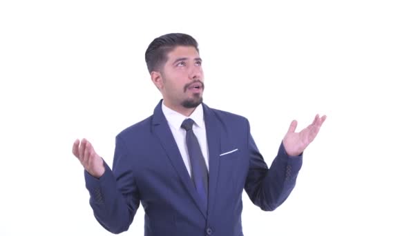 Feliz homem de negócios barbudo persa pegar algo — Vídeo de Stock