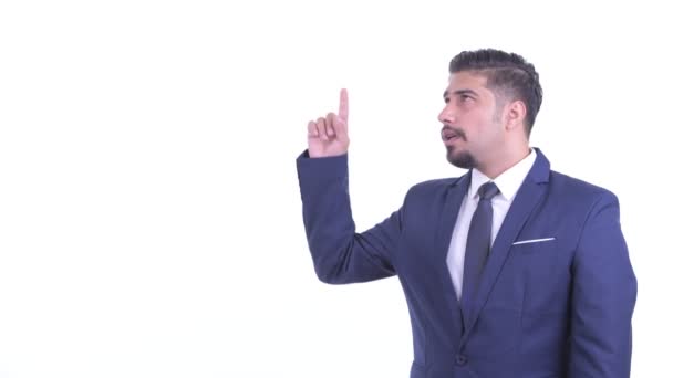 Vousatý perský obchodník ukazoval nahoru a dával palce — Stock video