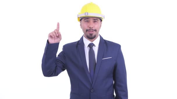 Glad skäggiga Persiska affärsman som ingenjör pekar upp — Stockvideo