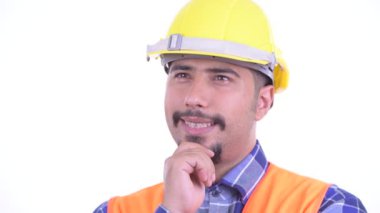 Mutlu sakallı Pers adam inşaat işçisi düşünme yüzü