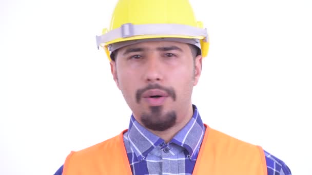 面对严重胡子波斯男子建筑工人点头没有 — 图库视频影像
