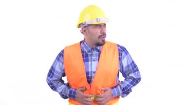Stresli sakallı İranlı adam inşaat işçisi mide ağrısı olan