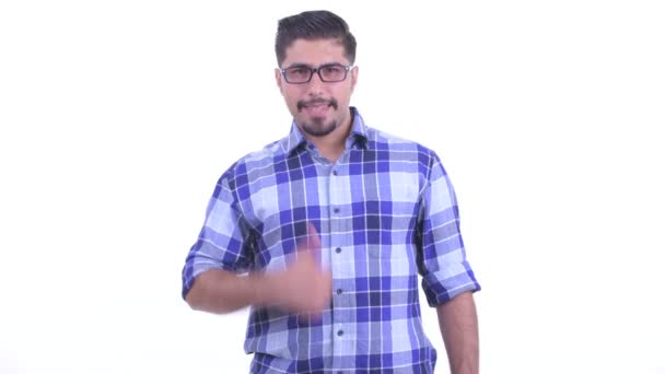 Mutlu sakallı Pers hipster adam başparmak veren — Stok video