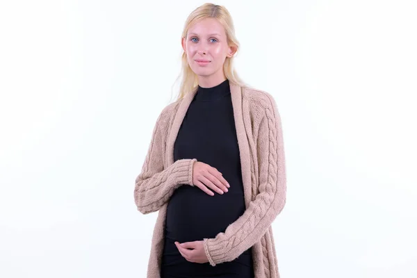 年轻 美丽的 金发 孕妇 抱着 肚子 — 图库照片