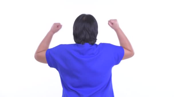 Widok z tyłu szczęśliwej z nadwagą azjatycki biznesmen z pięści podniesione — Wideo stockowe
