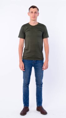 Studio shot of man wearing casual clothing isolated against white background