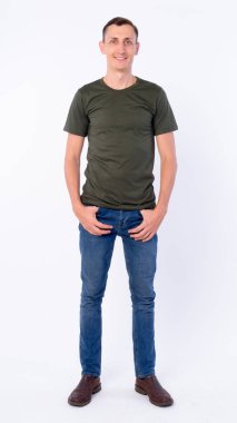 Studio shot of man wearing casual clothing isolated against white background